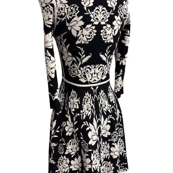 Reversible Black & White Floral Knit Dress 3/4 Sleeves Fit & Flare Style Womens - Picture 9 of 15